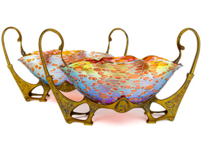 Johann Loetz Witwe – a pair of Orbulin bowls with brass Art Nouveau mount