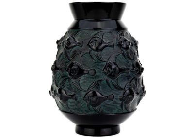 Marius-Ernest Sabino – Geometric Stylized Fish vase with green patina