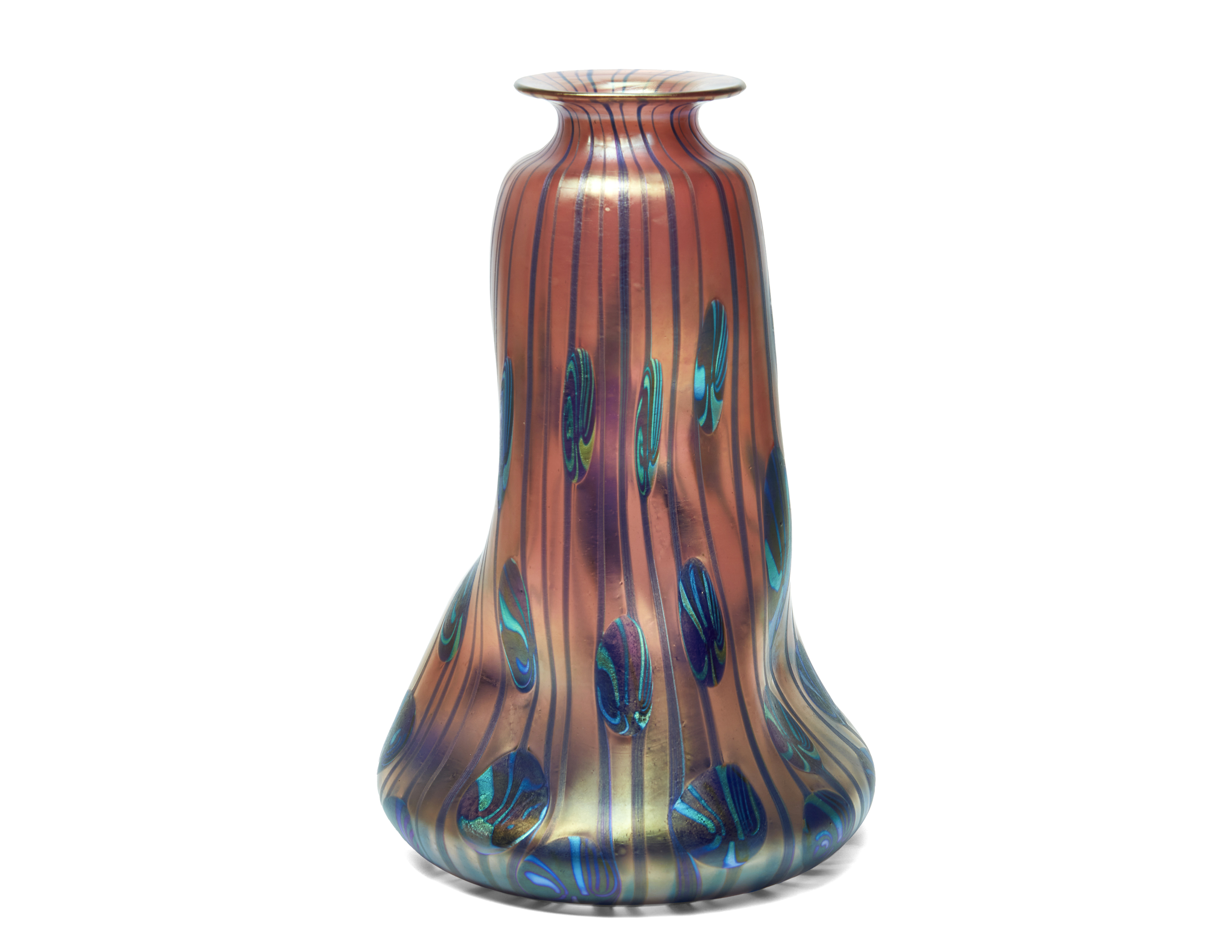 Tall Johann Loetz Witwe Phänomen Genre vase in metallic-red, made in 1902 and inspired by Koloman Moser Streifen und Flecken