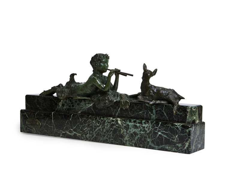 Bronze by Ary Bitter - green marble base with a faune and a goat
