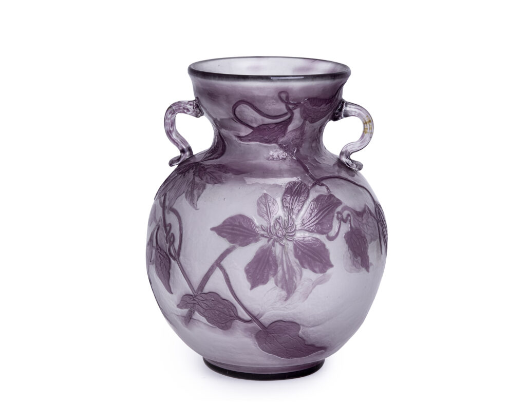 Émile Gallé Art Nouveau Cameo vase with Clematis flowers and fire polished
