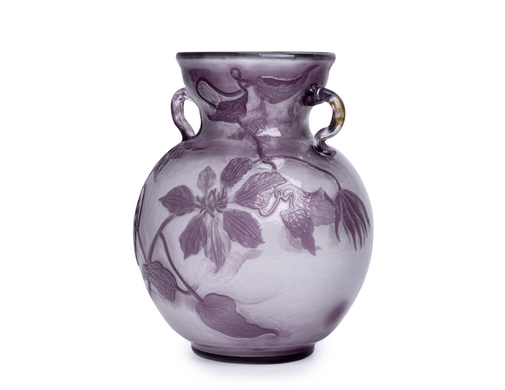 Émile Gallé Art Nouveau Cameo vase with Clematis flowers and fire polished