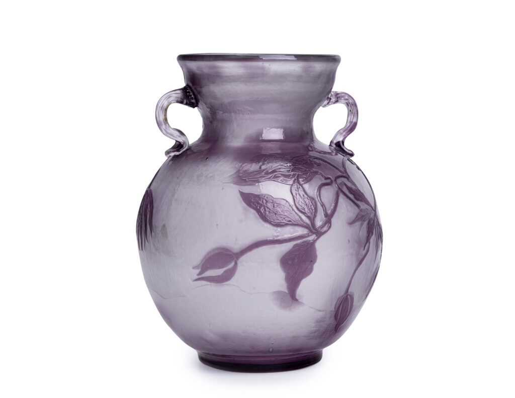 Émile Gallé Art Nouveau Cameo vase with Clematis flowers and fire polished