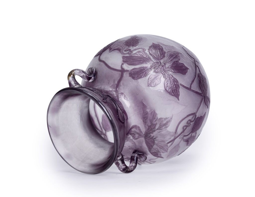 Émile Gallé Art Nouveau Cameo vase with Clematis flowers and fire polished