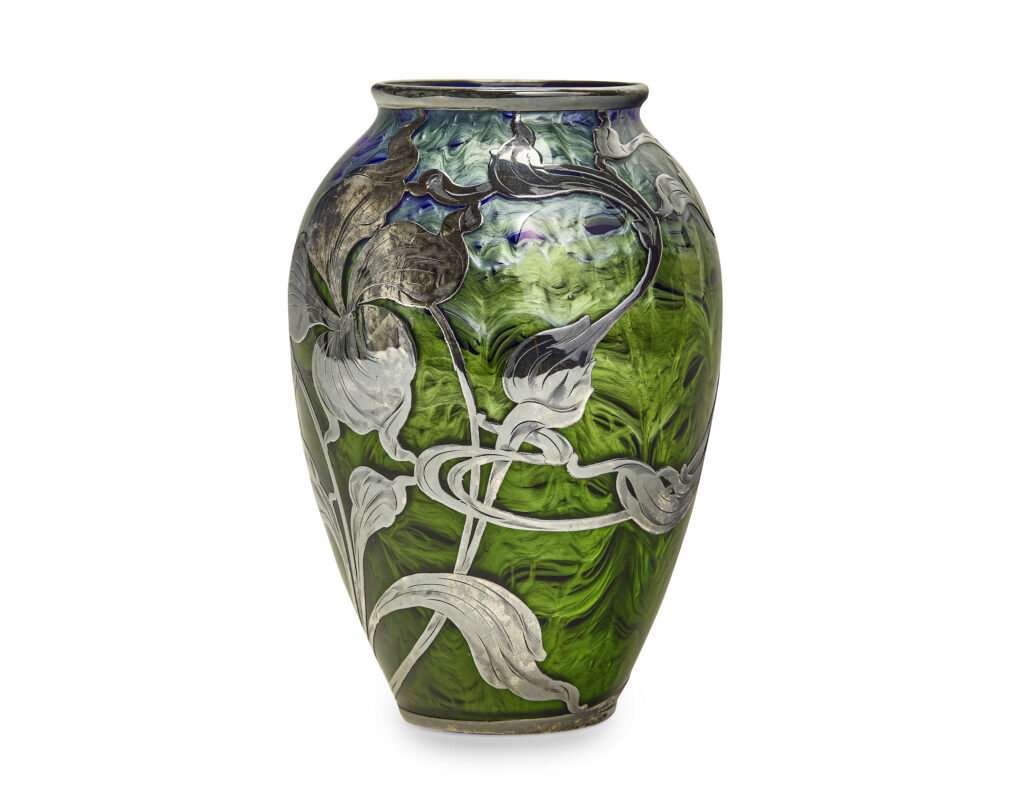 Johann Loetz Witwe Jugendstil Titania Genre 2534 vase with silver overlay