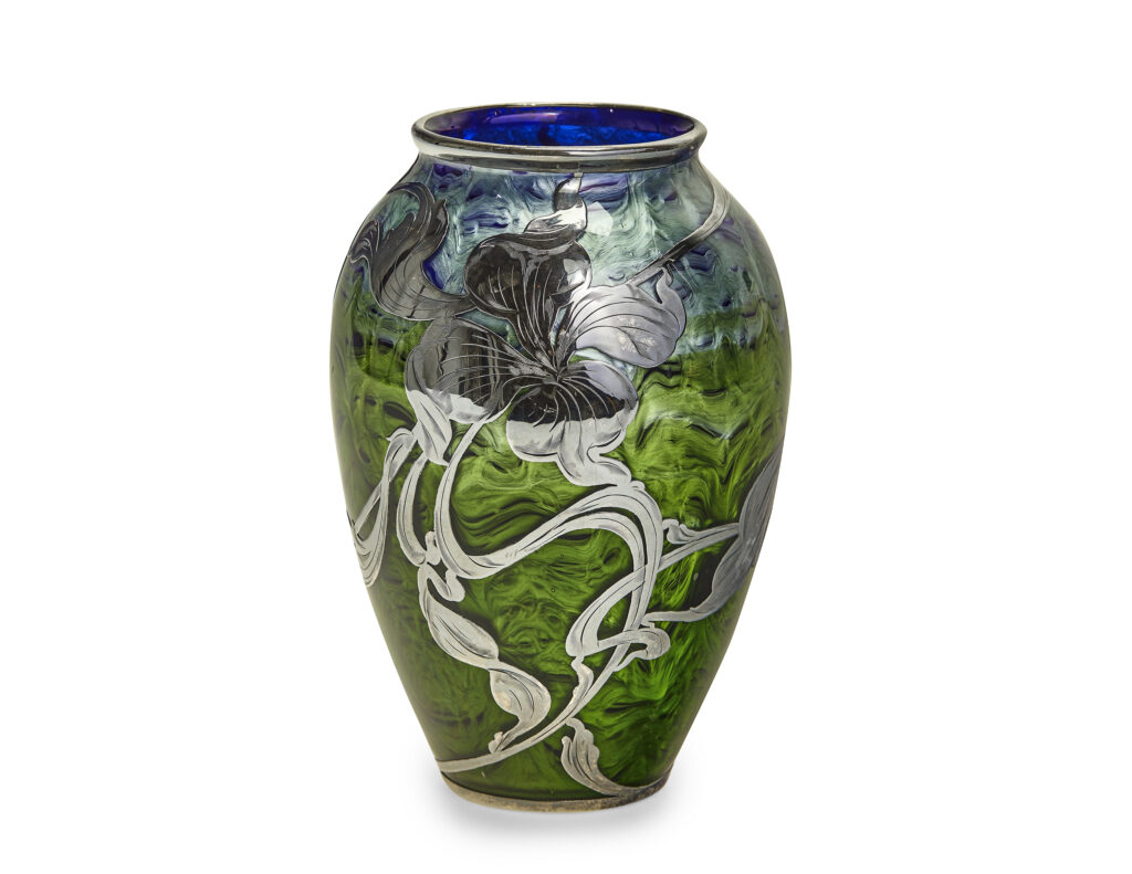 Johann Loetz Witwe Jugendstil Titania Genre 2534 vase with silver overlay