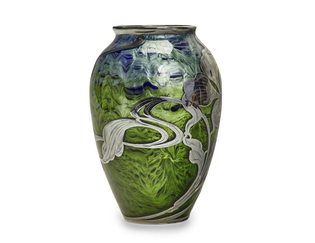 Johann Loetz Witwe Jugendstil Titania Genre 2534 vase with silver overlay