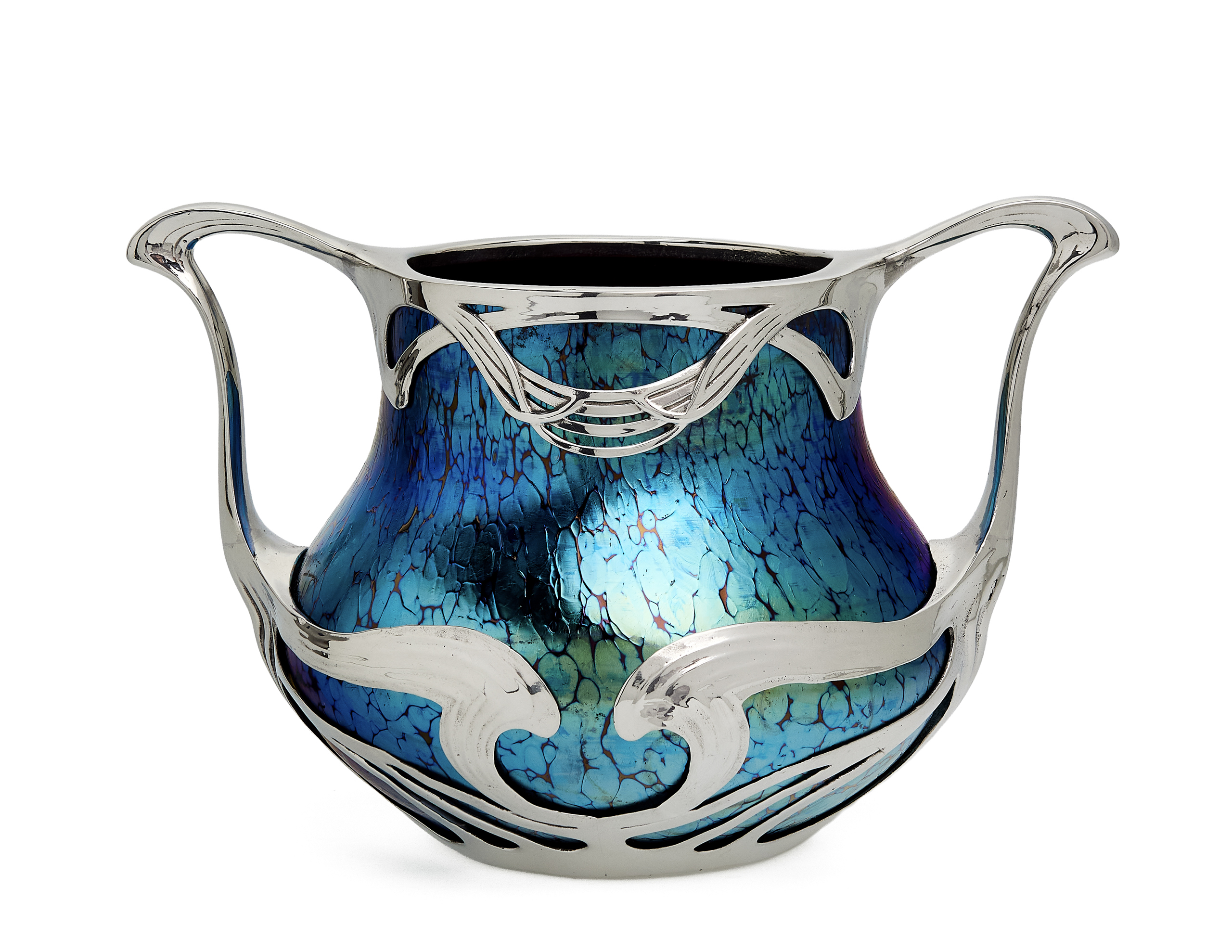Ruby Papillon vase by Johann Loetz Witwe, commissioned by Boudon & Klähr in Paris, featuring a polished pewter mount.