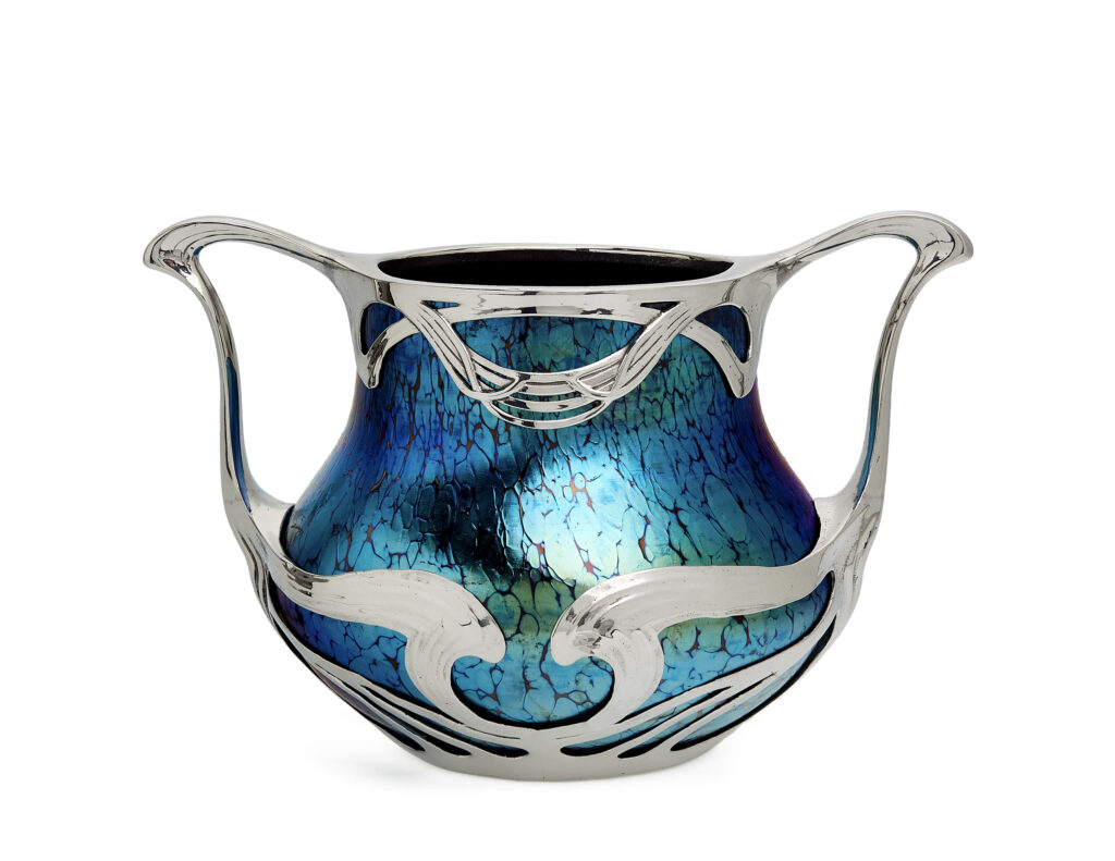 Ruby Papillon vase by Johann Loetz Witwe, commissioned by Boudon & Klähr in Paris, featuring a polished pewter mount.