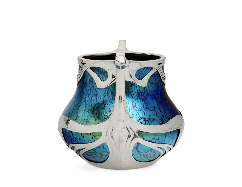 Ruby Papillon vase by Johann Loetz Witwe, commissioned by Boudon & Klähr in Paris, featuring a polished pewter mount.