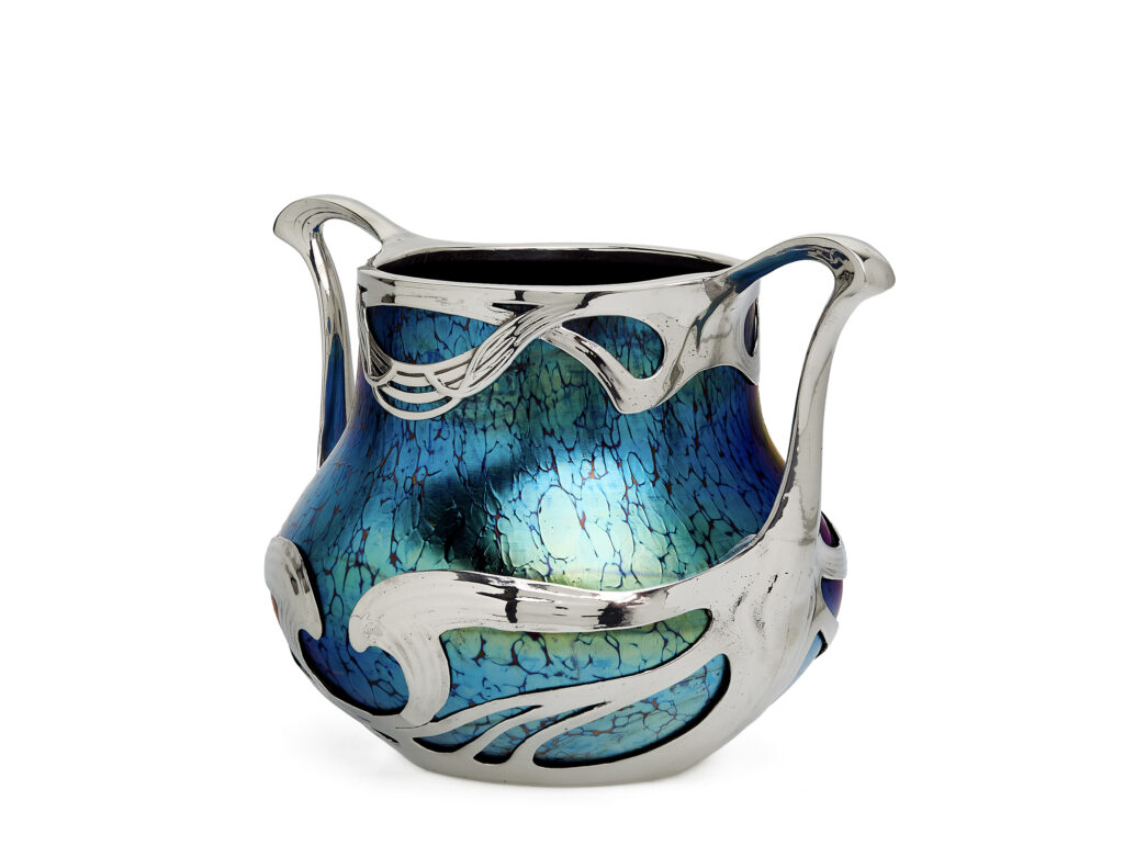 Ruby Papillon vase by Johann Loetz Witwe, commissioned by Boudon & Klähr in Paris, featuring a polished pewter mount.