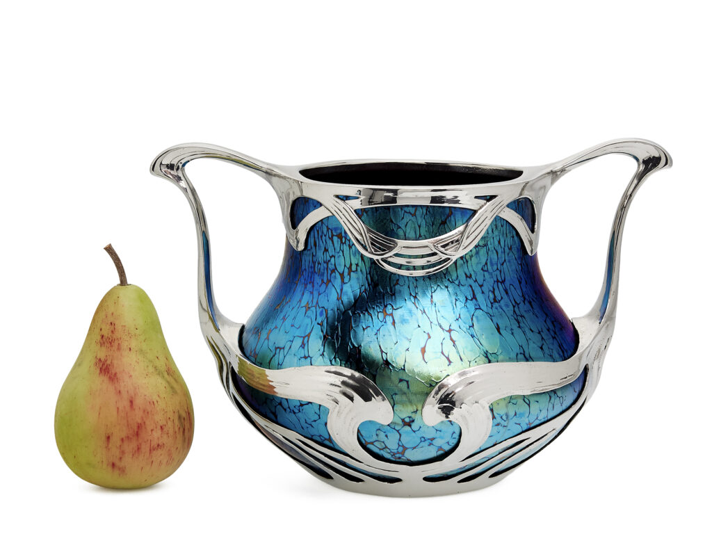 Ruby Papillon vase by Johann Loetz Witwe, commissioned by Boudon & Klähr in Paris, featuring a polished pewter mount.