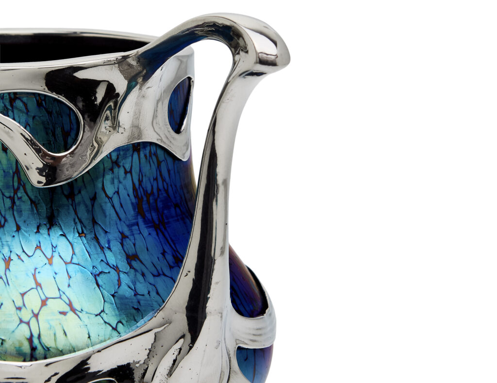 Ruby Papillon vase by Johann Loetz Witwe, commissioned by Boudon & Klähr in Paris, featuring a polished pewter mount.