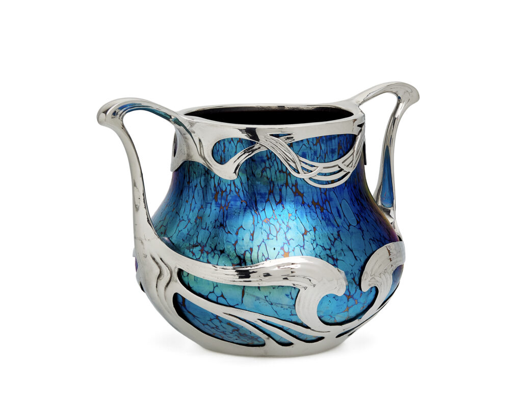 Ruby Papillon vase by Johann Loetz Witwe, commissioned by Boudon & Klähr in Paris, featuring a polished pewter mount.