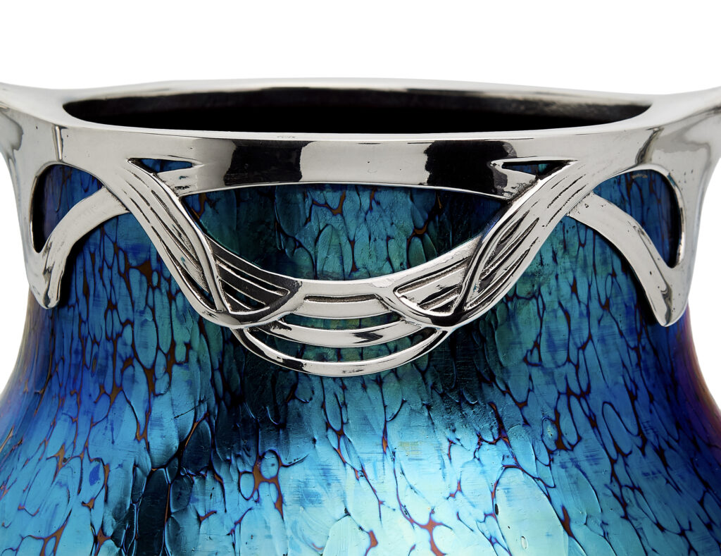 Ruby Papillon vase by Johann Loetz Witwe, commissioned by Boudon & Klähr in Paris, featuring a polished pewter mount.