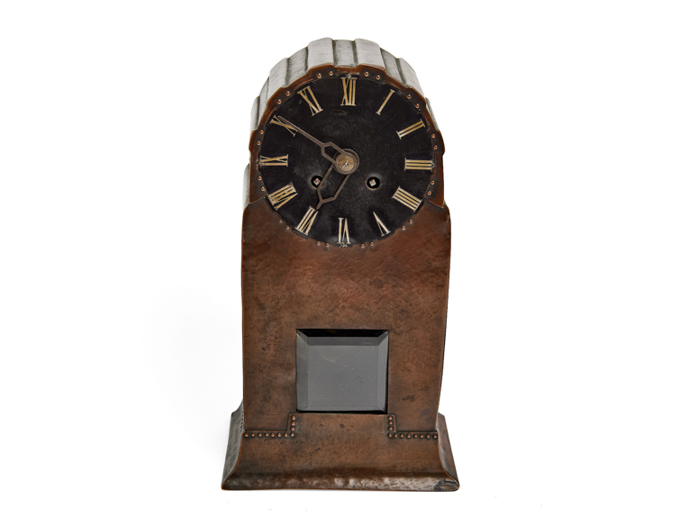 Jugendstil mantel clock with a hand-hammered copper case, featuring an 8-day Lenzkirch movement marked '1 Million' and a striking bell mechanism