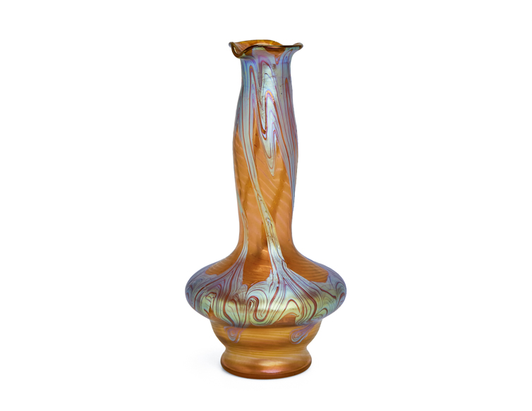 Art Nouveau vase by Johann Loetz Witwe, executed in Phänomen Genre 1/214, blown in orange glass with a richly iridescent surface featuring the characteristic flowing lines and delicate color reflections typical of the Phänomen Genre.