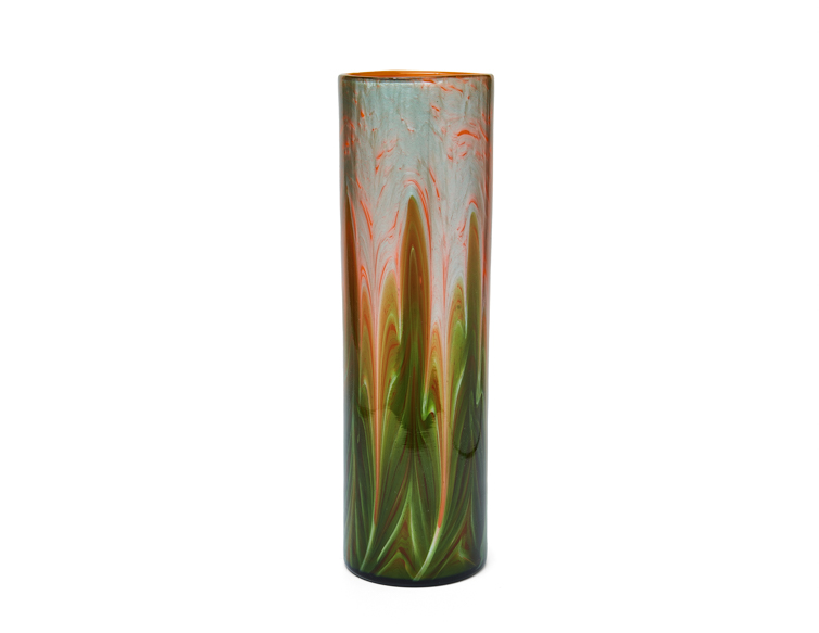 Jugendstil vase by Johann Loetz Witwe, Titania Genre 4212, designed by Leopold Bauer, blown in opal orange with leaf green glass